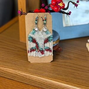 Elegant Beaded Fringe Earrings in Red and Green